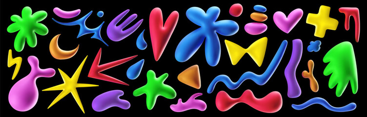 Abstract colorful 3D cartoon inflated shapes. Minimalistic objects multicolored for decoration. Vector set of elements