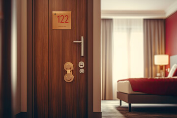 Hotel room with a room number hanging on the door. Travel concept, Generative AI