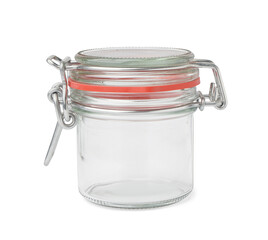 Stylish glass jar isolated on white background