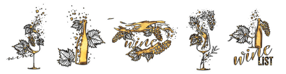 Colorful wine designs. Collection of wine elements. Hand drawn. Designs for advertising banners, menus and invitation cards. Wine glasses with splashing wine. Sketch vector illustration.