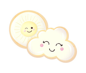 Cute baby cookies with painted sun and cloud on white background