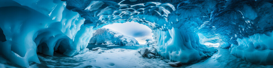 Fototapeta na wymiar Enchanting ice cave with vivid natural blue formations, gently lit by filtered light through frozen surface – a captivating scene invoking deep emotions. Generative AI
