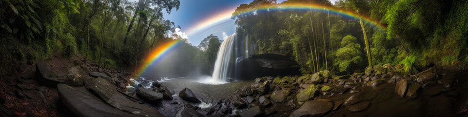 Stunning ethereal rainbow casting its mesmerizing glow on a cascading waterfall and lush forest, evoking emotions of wonder, beauty, and nature's serenity in one magical image. Generative AI