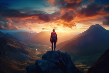 Fototapeta premium man woman landscape vacation nature back travel mountain hiker adventure peak backpack. Generative AI.