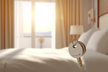 a white room at a hotel bed hanging a room key. Travel concept, Generative AI