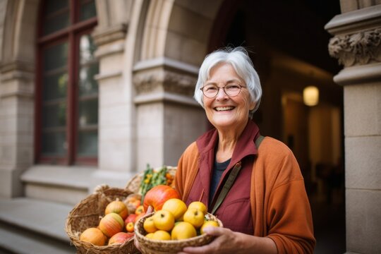 Close-up portrait photography of a happy mature woman harvesting fruits or vegetables against a historic library background. With generative AI technology