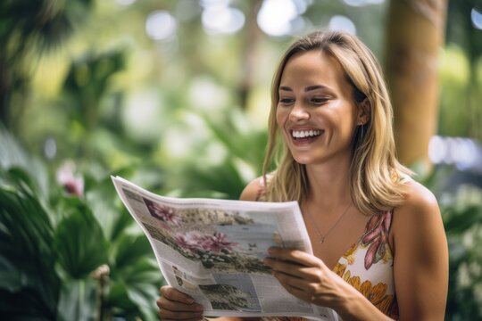 Close-up portrait photography of a satisfied girl in her 30s reading the newspaper against a botanical garden background. With generative AI technology