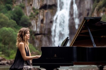 Medium shot portrait photography of a grinning girl in her 30s playing the piano against a majestic...