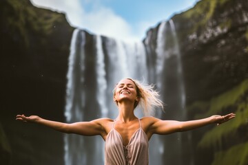 Medium shot portrait photography of a satisfied girl in her 30s dancing against a majestic waterfall background. With generative AI technology