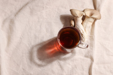 Natural medicine, reduce stress and improve immunity concept. Mushroom hot drink. Tea in glass mug with mushrooms on textile background. Copy space. 