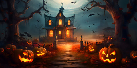 Fototapeta na wymiar A mysterious house with pumpkins in the night - Halloween illustration theme - Generative AI