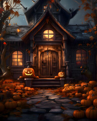 A mysterious house with pumpkins in the night - Halloween illustration theme - Generative AI