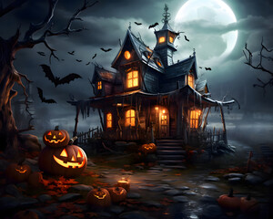 Fototapeta na wymiar A mysterious house with pumpkins in the night - Halloween illustration theme - Generative AI