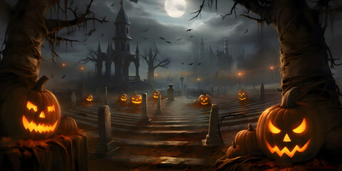 A mysterious graveyard with pumpkins in the night - Halloween illustration theme - Generative AI