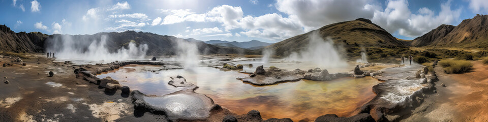 Fototapeta premium Spectacular geothermal area, boasting vibrant mineral deposits and boiling hot springs - a captivating display of nature's wonders, evoking awe and inspiration. Generative AI