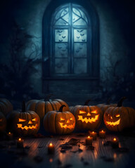 Halloween pumpkins glowing in the night - Generative AI