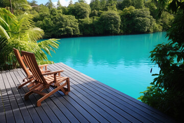 Deck on the water, in the style of tropical landscapes, Travel concept