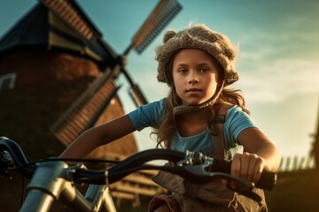 Fototapeta na wymiar Close-up portrait photography of a glad kid female riding a bike against a rustic windmill background. With generative AI technology
