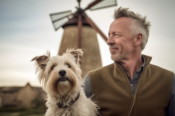 Close-up portrait photography of a glad mature man walking with a dog against a rustic windmill background. With generative AI technology