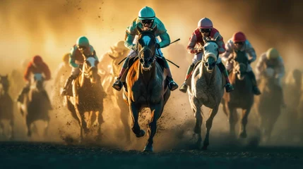 Fotobehang Equestrian Sport of Horse Racing with Jockeys generated by AI © DigitalMuseCreations