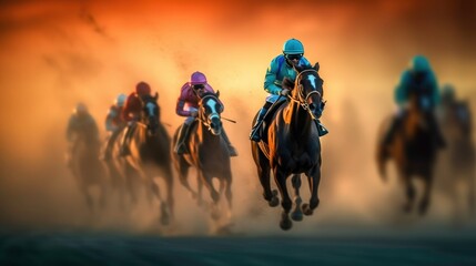 Fototapeta premium Equestrian Sport of Horse Racing with Jockeys generated by AI