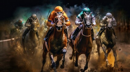 Fototapeta premium Equestrian Sport of Horse Racing with Jockeys generated by AI