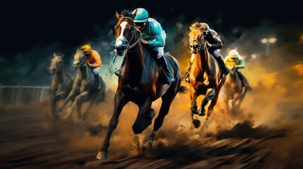 Fototapeta premium Equestrian Sport of Horse Racing with Jockeys generated by AI
