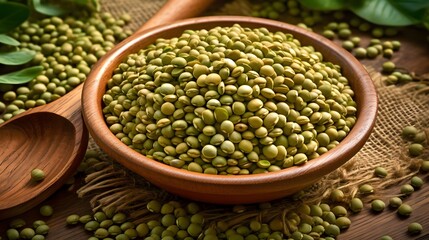 Obraz premium Green lentils in a bowl on a wooden table. Raw lentil seeds in a wood container. Rich in nutrients and valuable for health. Clean and healthy eating concept.