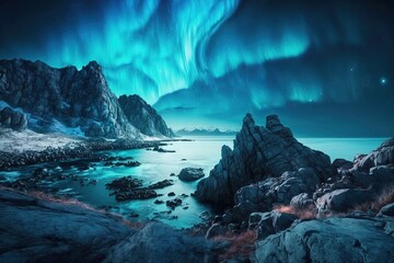 Beautiful northern lights. Blue sky of Aurora over rocky landscape. AI generated