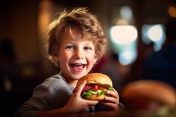 Close-up portrait photography of a grinning kid male eating burguer against a spacious loft background. With generative AI technology