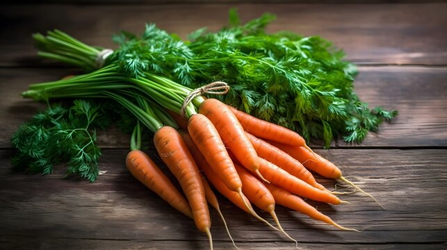 Bunch of fresh carrots with green leaves on wooden background. Selective focus.