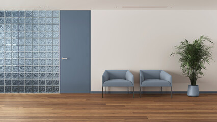Minimal waiting sitting room with parquet in white and blue tones. Glass brick walls, soft armchairs, potted plant and door. Modern interior design idea