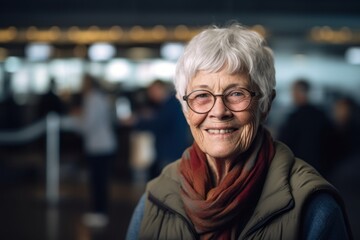 Medium shot portrait photography of a glad old woman smiling against a busy airport terminal...