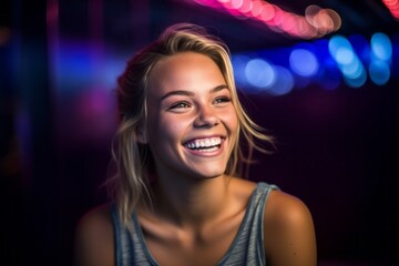 Naklejka premium Headshot portrait photography of a grinning mature girl laughing against a lively night club background. With generative AI technology