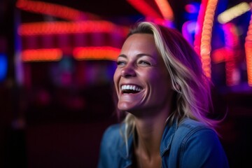 Obraz na płótnie Canvas Headshot portrait photography of a grinning mature girl laughing against a lively night club background. With generative AI technology