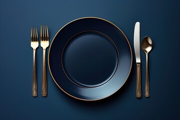 Elegant blue plate with knife and fork on blue background - created using generative AI tools