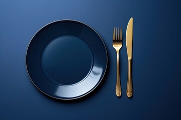 Elegant blue plate with knife and fork on blue background - created using generative AI tools