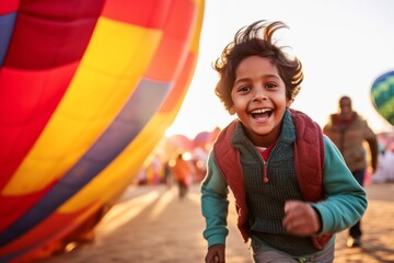 Medium shot portrait photography of a grinning kid male running against a colorful hot air balloon background. With generative AI technology