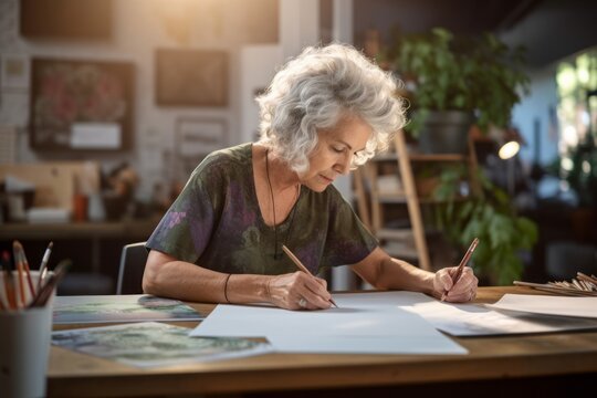 Environmental portrait photography of a glad mature girl drawing against a peaceful yoga studio background. With generative AI technology