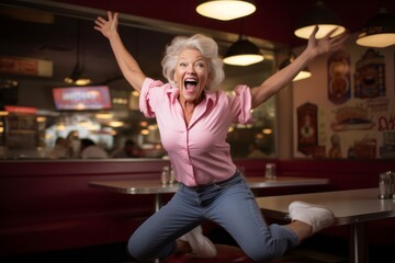 Headshot portrait photography of a grinning mature woman jumping with hands up against a classic diner background. With generative AI technology