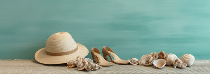 Colorful seashells, beach hat , Travel concept