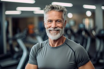 Fototapeta na wymiar Headshot portrait photography of a satisfied mature man working out against a modern fitness center background. With generative AI technology