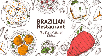 Brazilian food top view vector illustration. Food menu design template. Hand drawn sketch. Brazilian food menu. Traditional Brazilian cuisine. Pao de quejo, Galinhada, Escondidinho, Baiao de dois