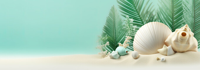 Summer holiday scene with beach accessories and sea shell , Travel concept