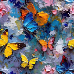 Fototapeta na wymiar Butterflies and flowers seamless repeat pattern oil painting [Generative AI] 