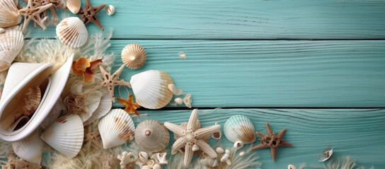 Summer white background with star shaped shell , Travel concept