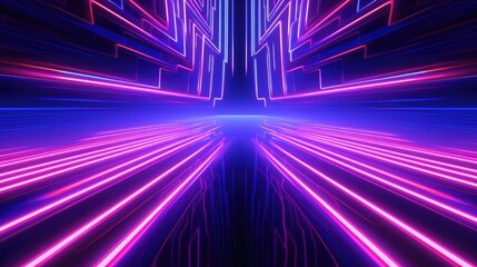 Abstract minimal neon background, pink blue neon lines going up, glowing in ultraviolet spectrum. Cyber space. Laser show. Futuristic wallpaper. Created with Generative Ai Technology