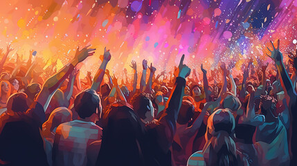 Fototapeta na wymiar Crowd raising their hands at music concert. Audience enjoying rock, dance, edm and club festival party. Cartoon painting illustration, Generative AI