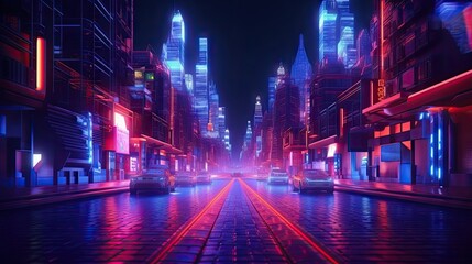 Abstract concept of the urban street at night, red blue neon city, background with geometric shapes and glowing lights Created with Generative Ai Technology