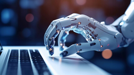 Robotic man hand pressing a keyboard on a laptop working, connecting with AI online and using a chat GPT. IT engineer software developer programmer, future world, Generative AI.